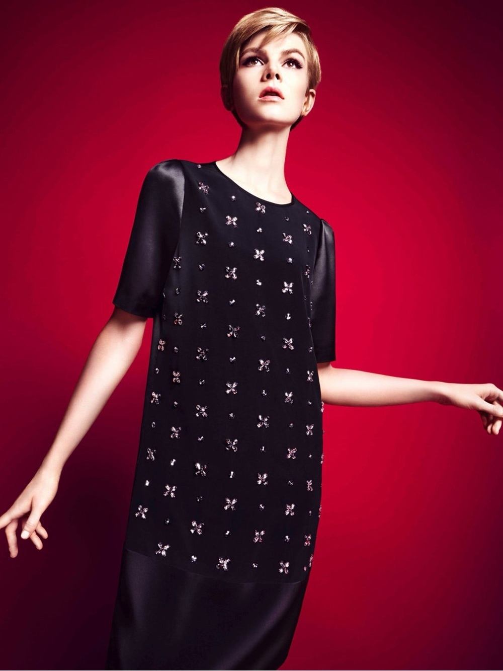 Jaeger black Embellished shift satin 60S inspired dress size 12